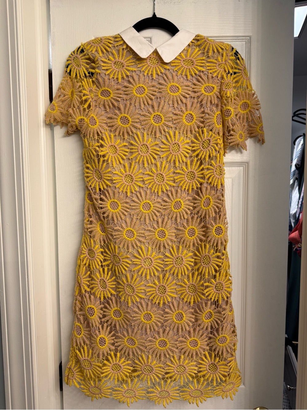 Anthropologie Yellow Daisy Lace Mini Dress with White Collar Accent